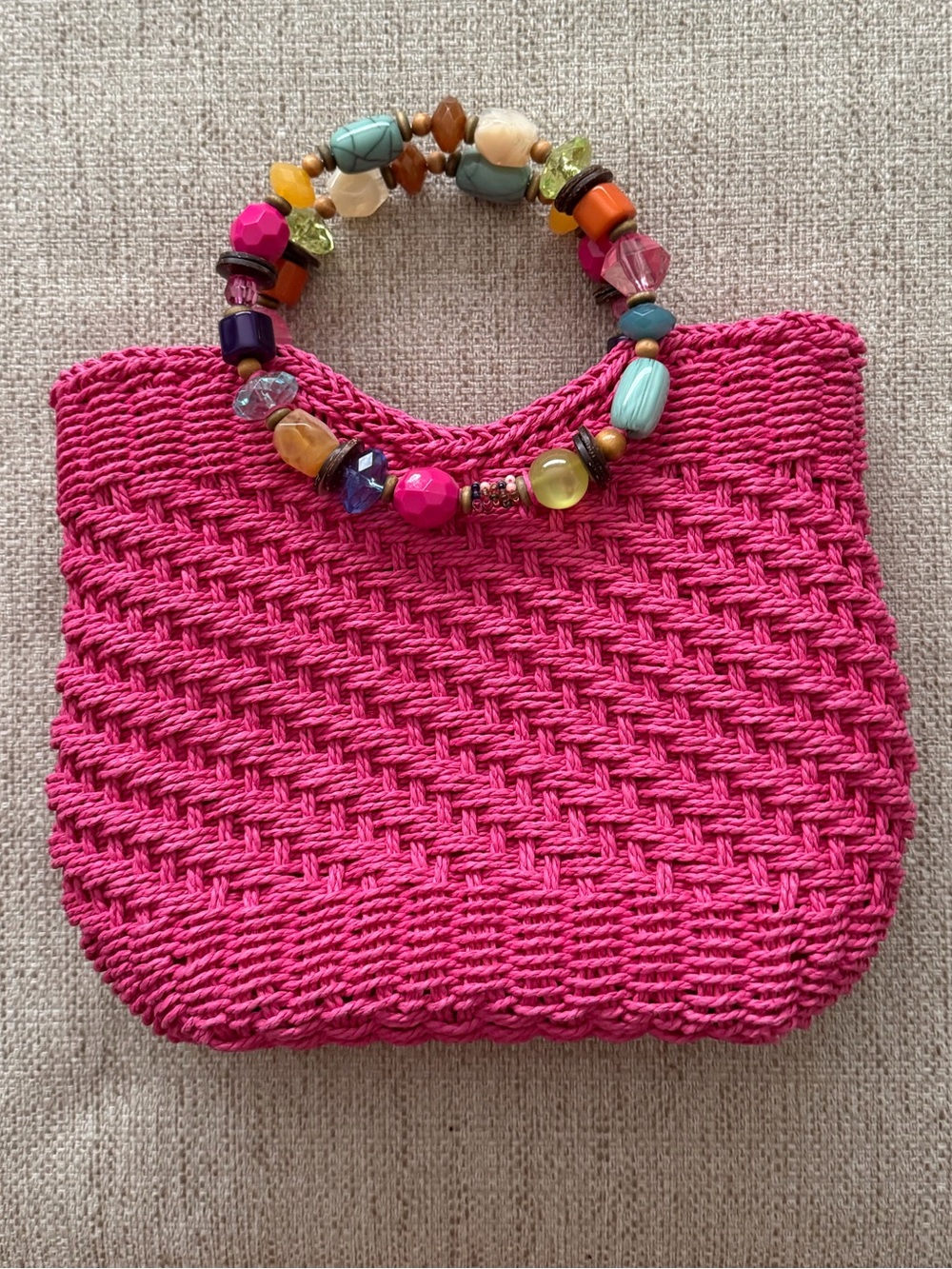 Cappelli Handwoven Pink Beaded Handle Tote Bag